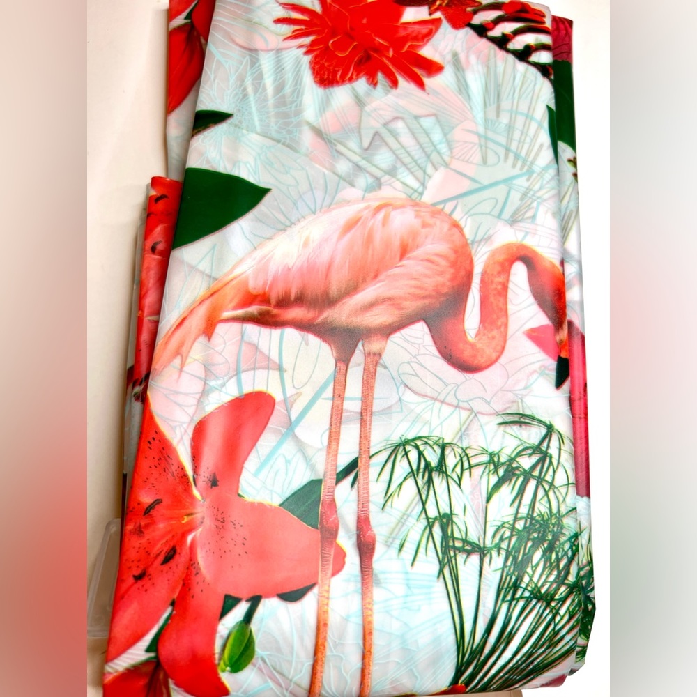 Flamingos & Tropical Flowers Peva Shower Curtain Hibiscus Orchids Bright Red - Picture 6 of 14
